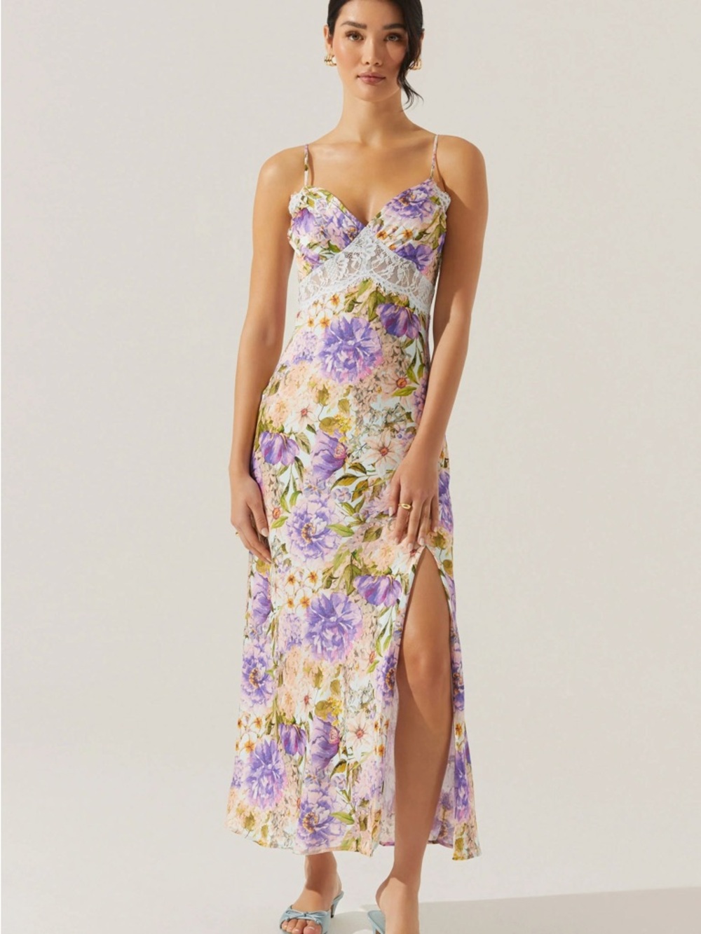 Astr Ivannna Lavender Floral Lace-Trim Maxi Slip Dress